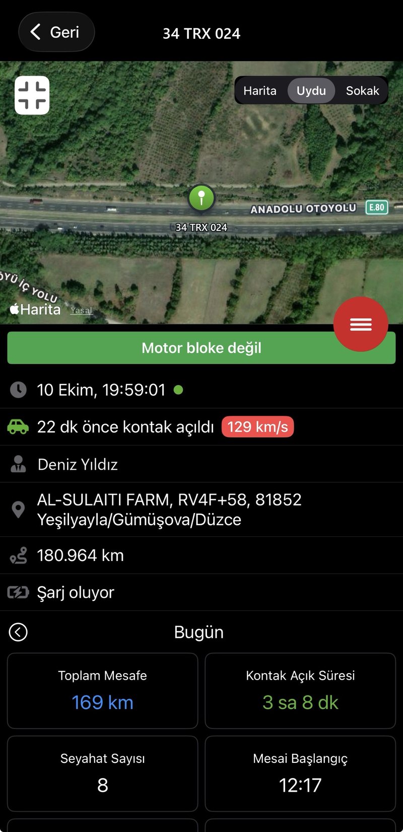 Araç detayı ekranı: uydu görünümü, kontak durumu, sürücü, konum ve günlük veriler